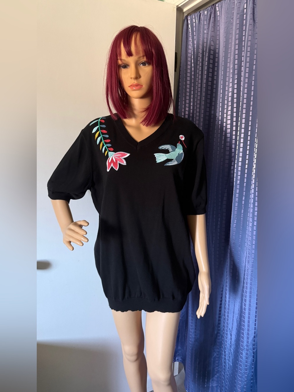 OXKNIT 100% Cotton Embroidered Hummingbird Sweater M-XL Bust 42”+ Stretch